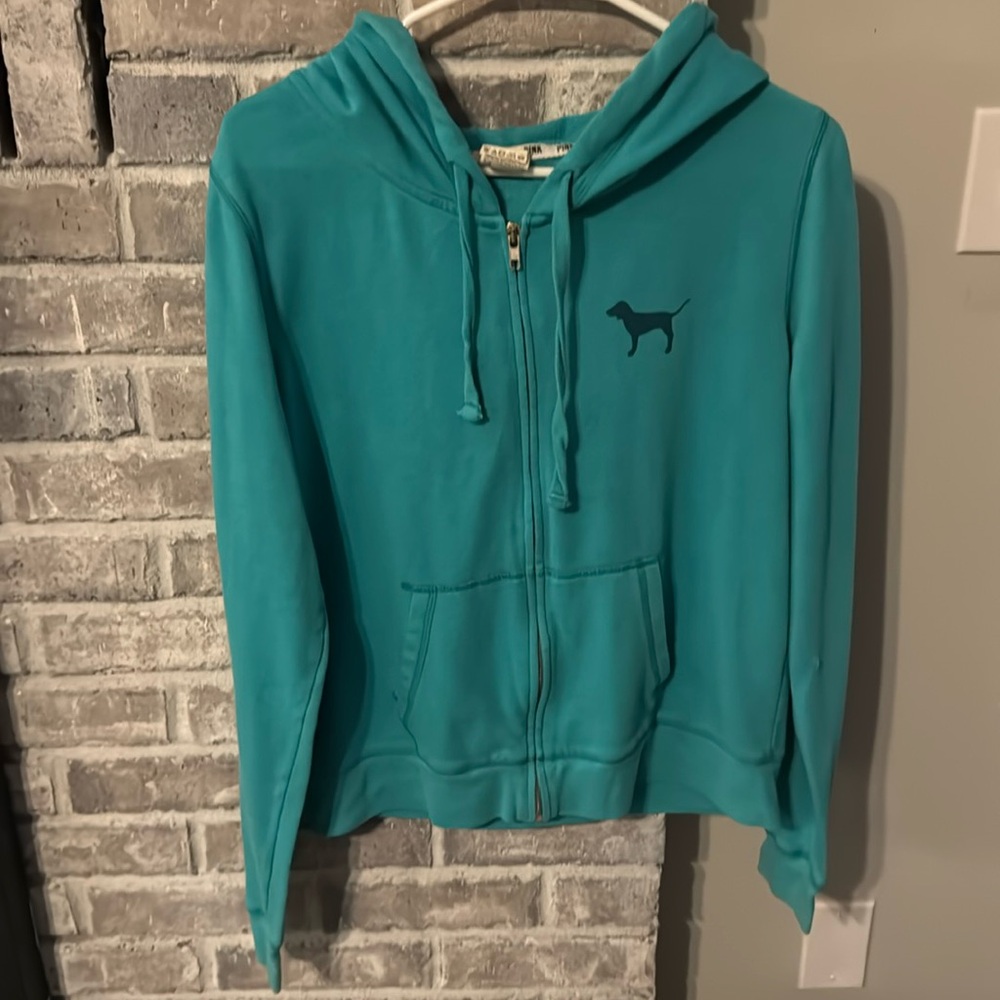 Vintage PINK TTS L teal zip up hoodie small pilling on left sleeve